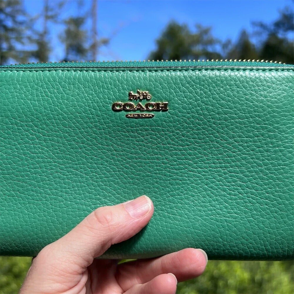 COACH Long Zip-Around Green Pebble Leather Wallet with Gold Hardware AUTHENTIC
